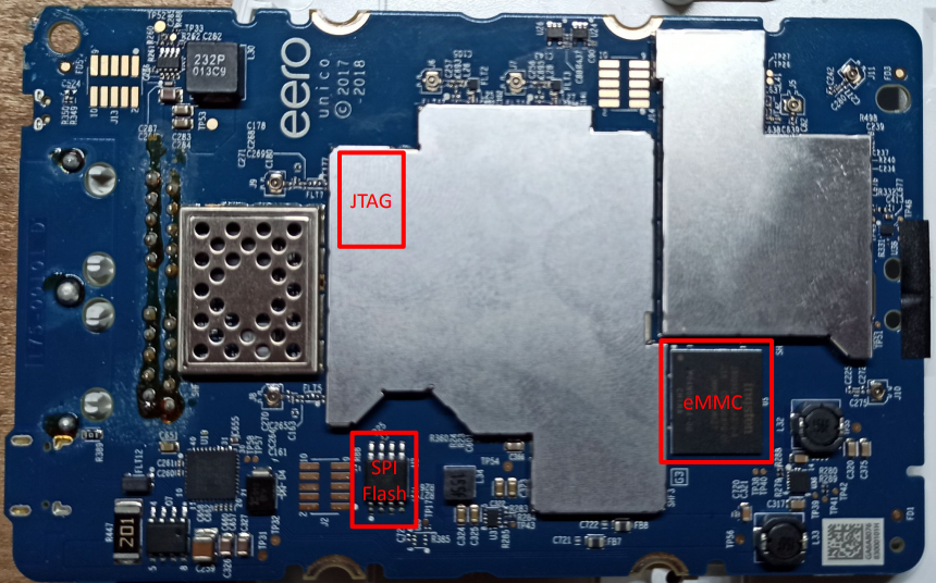 Eero router circuit board with the UART port highlighted next to the flash chip