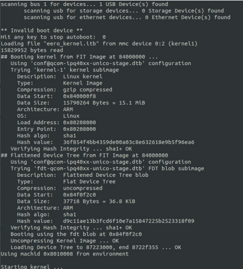 Terminal showing Eero bootloader logs read over the UART connection