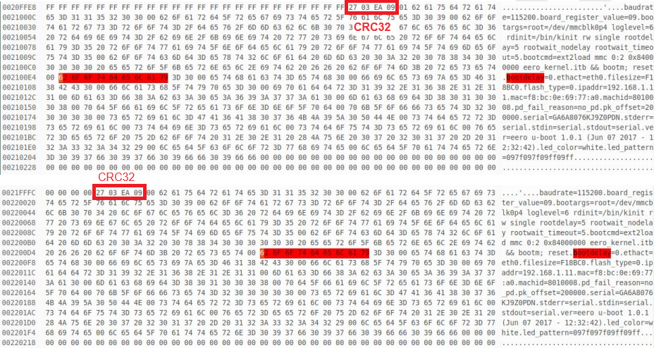 Hex editor view showing the two duplicate copies of the boot arguments in the flash dump